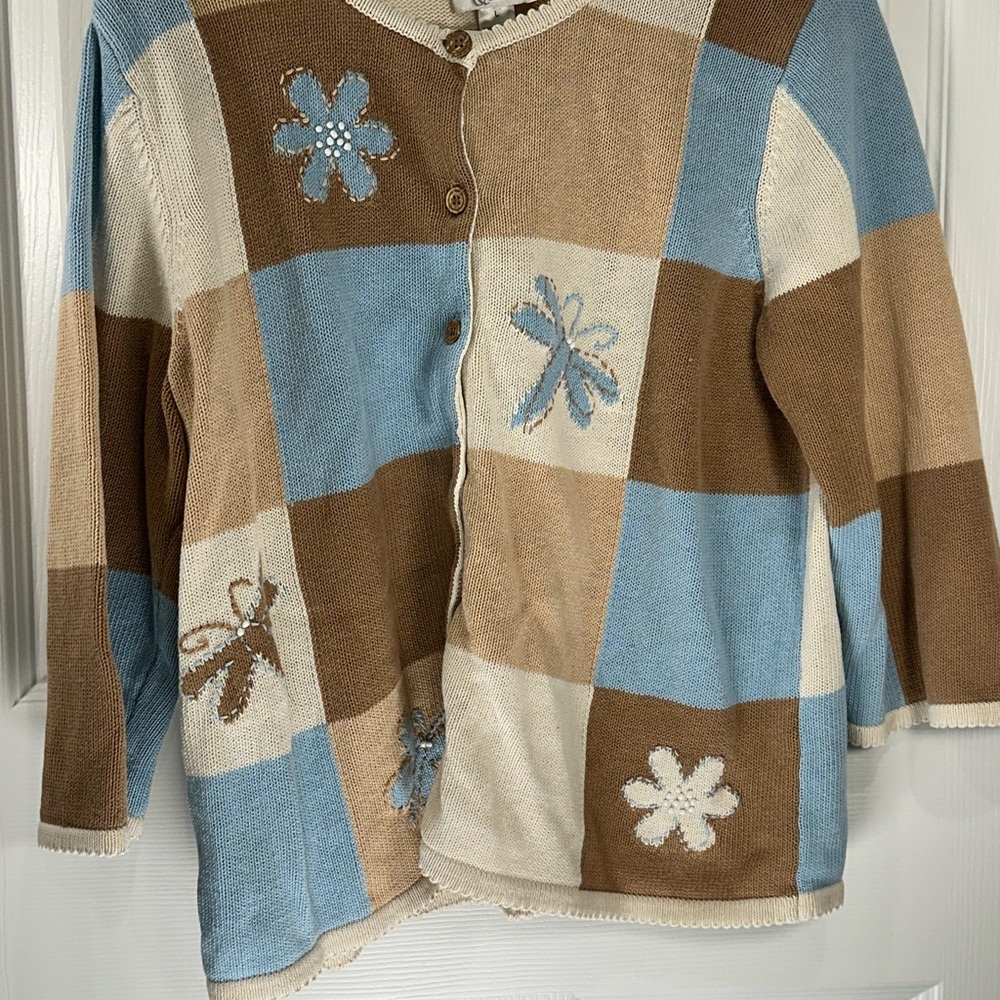 Christopher & Banks Blue and Brown Checkered Cardigan